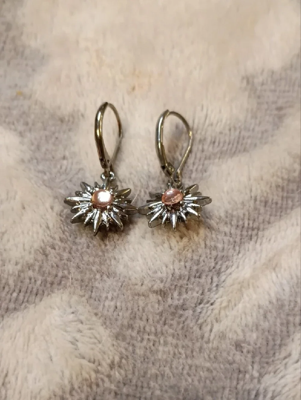 Silver Sunburst Earrings with Pink Center Gem